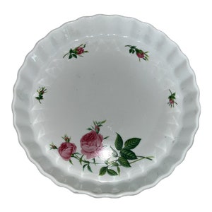 Vintage Christineholm Rose pattern white ceramic quiche dish with pink roses, buds, green leaves and stems design