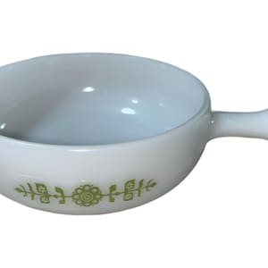 Vintage Retro Glasbake Milchglas Chili Suppenschüssel Lug Griff Grün Modern Floral