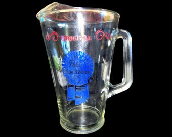 Vintage PBR Glass Pitcher | 1960s Barware, Man Cave Decor