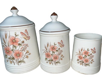 Ceramic Kitchen Canisters 3 PC Set Lids Floral Ivory Pink Flowers Vintage Japan