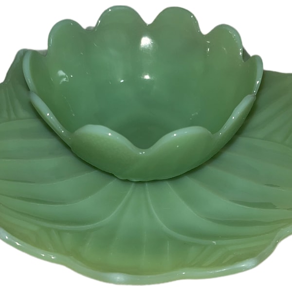 Mid-Century Jadeite Fire King Lotus Bowl & Plate Duo 1950s