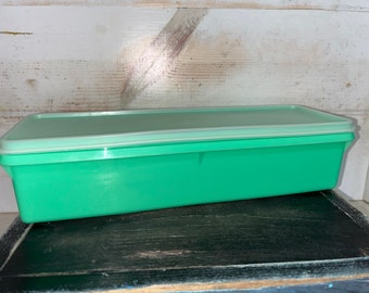 Vintage Tupperware Large Rectangular Plastic Container w/ Lid Jadeite Turquoise Food Vegetable Storage Celery Crisper Keeper Jade Green