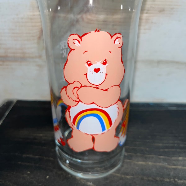 Tenderheart, cheer, Care bear glass, glass tumbler, Pizza hut promotional, soda glass, 1980s limited edition, collector series (Select bear)