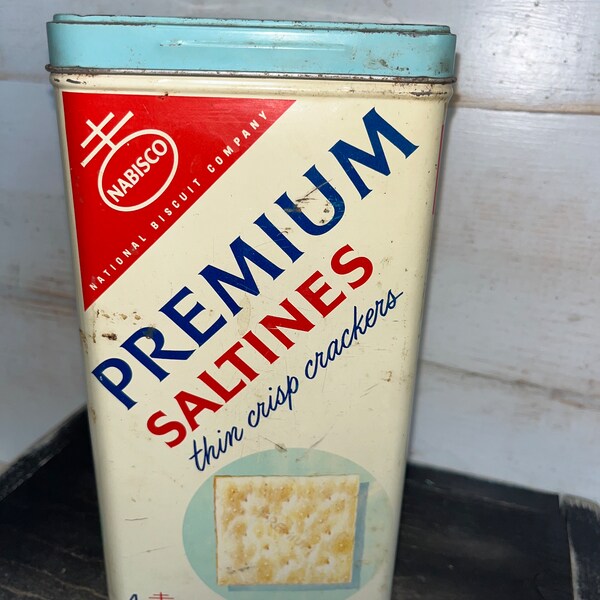 Vintage Nabisco Premium Saltine Tin, Mid Century Kitchen, Farmhouse Decor, Collectible Tin, Shabby Chic, Cracker Tin, 1950s