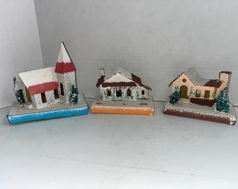 Casas Putz vintage de cartón con purpurina de mica - Juego de 12