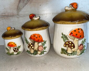 Vintage 1978 Sears and Roebuck mushroom canisters, retro canisters, vintage mushroom canisters, mushroom canister set, retro kitchen decor