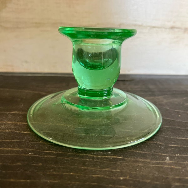 One Vintage transparent green uranium/vaseline glass candle holder | glowing glass | depression era