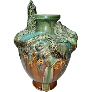Vintage 1950&#39;s Large Chinese Double Headed Dragon Vase | Green/Brown Drip Glazed Vase | Asian Decor | Midcentury