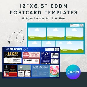 May include: A set of 18 customizable postcard templates for Every Door Direct Mail (EDDM) marketing. The templates are designed for a 12-inch by 6.5-inch postcard size and feature 9 different layouts with 5 ad sizes. The image shows a sample postcard with a variety of local business advertisements, including a hair salon, bakery, and cupcake shop.