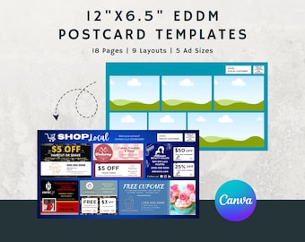 Op de afbeelding: Een set van 18 aanpasbare postkaart sjablonen voor Every Door Direct Mail (EDDM) marketing. De sjablonen zijn ontworpen voor een postkaartformaat van 30,5 cm bij 16,5 cm en bieden 9 verschillende lay-outs met 5 advertentieformaten. De afbeelding toont een voorbeeldpostkaart met een verscheidenheid aan lokale bedrijfsadvertenties, waaronder een kapsalon, een bakkerij en een cupcake winkel.