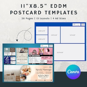May include: A postcard template design with the text "11"X8.5" EDDM POSTCARD TEMPLATES". The design includes 26 pages, 13 layouts, and 4 ad sizes. The template features examples of ads for various businesses, including pet grooming and spa services.