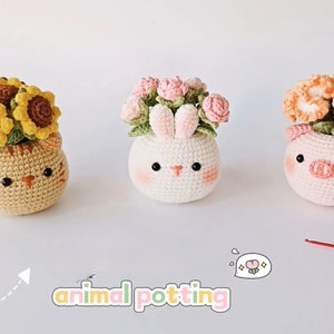 Schema PDF per vasi di fiori a forma di animale all'uncinetto, Tutorial per realizzare vasi di fiori a forma di animale all'uncinetto, Schema per mini fiori all'uncinetto, Grazioso vaso di fiori all'uncinetto