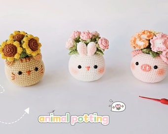 Flower Animal Pots Crochet PDF Pattern, How to Crochet Animal Pot Amigurumi Tutorial, Mini Flower Crochet Pattern, Cute Flower Pot Crochet