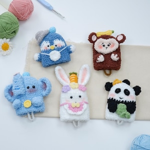 Schema PDF per portachiavi auto all'uncinetto passo dopo passo, portachiavi amigurumi 5 in 1 facile all'uncinetto: scimmia, coniglio, panda, elefante, pinguino