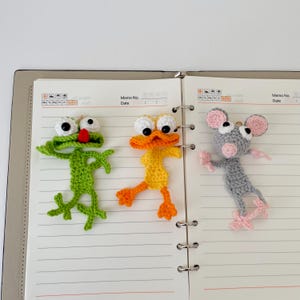 Segnalibro divertente all&#39;uncinetto con schemi in PDF, facile pacchetto all&#39;uncinetto 3 in 1, simpatico segnalibro a forma di animale, tutorial passo dopo passo: lucertola, papera buffa, ratto piatto