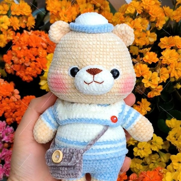 Sailor Bear Crochet PDF Pattern, No-sew Crochet Pattern, Teddy Amigurumi PDF Pattern, Sailor Teddy Bear, Crochet Farm Animal Gift, Cute Bear