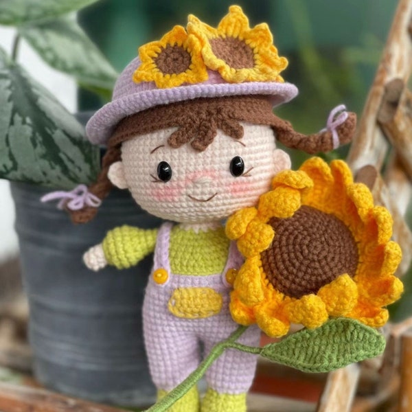 Crochet Sunflower Little Girl PDF Pattern, Crochet Doll Little Girl Amigurumi PDF Pattern, Cute Doll Crochet Pattern, Crochet Gift For Girl