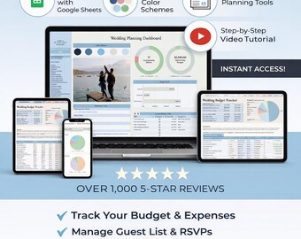 May include: A digital wedding planning spreadsheet shown on multiple devices, including a laptop and tablet. The image promotes features such as budget tracking and guest list management. Text includes "the ultimate WEDDING PLANNING SPREADSHEET" and "GET STARTED NOW!"