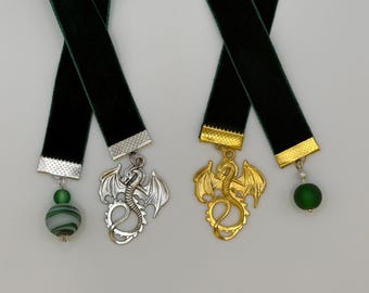 Dragon Bookmark: Golden Charm, Velvet Ribbon