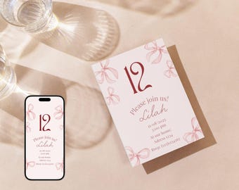Pink Bow 12th Birthday Invitation – Girls Birthday Invite, Coquette Ribbon Template, Editable Canva, Text or Print, English & Spanish