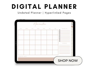 May include: A digital planner with a calendar for November on a tablet screen. The planner has a to-do list, schedule, and important notes sections. The text "Undertone Planner" and "MisuenoDivino" are visible on the screen. The text "SHOP NOW" is in a button at the bottom of the screen.