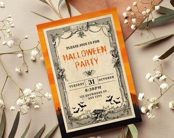 以下が含まれることがあります： オレンジと黒の縁取りが施された、ヴィンテージスタイルのハロウィーンパーティーの招待状。「PLEASE JOIN US FOR HALLOWEEN PARTY」というテキストが不気味なフォントで表示され、日付、時間、場所も記載されています。コウモリと墓石も含まれています。