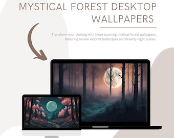 May include: Two computer screens displaying digital art of mystical forests with a full moon in the sky. The screens are on a white background with the text "MYSTICAL FOREST DESKTOP WALLPAPERS" and "Transform your desktop with these stunning mystical forest wallpapers, featuring serene moonlit landscapes and dreamy night scenes." and the text "misueno.digital".