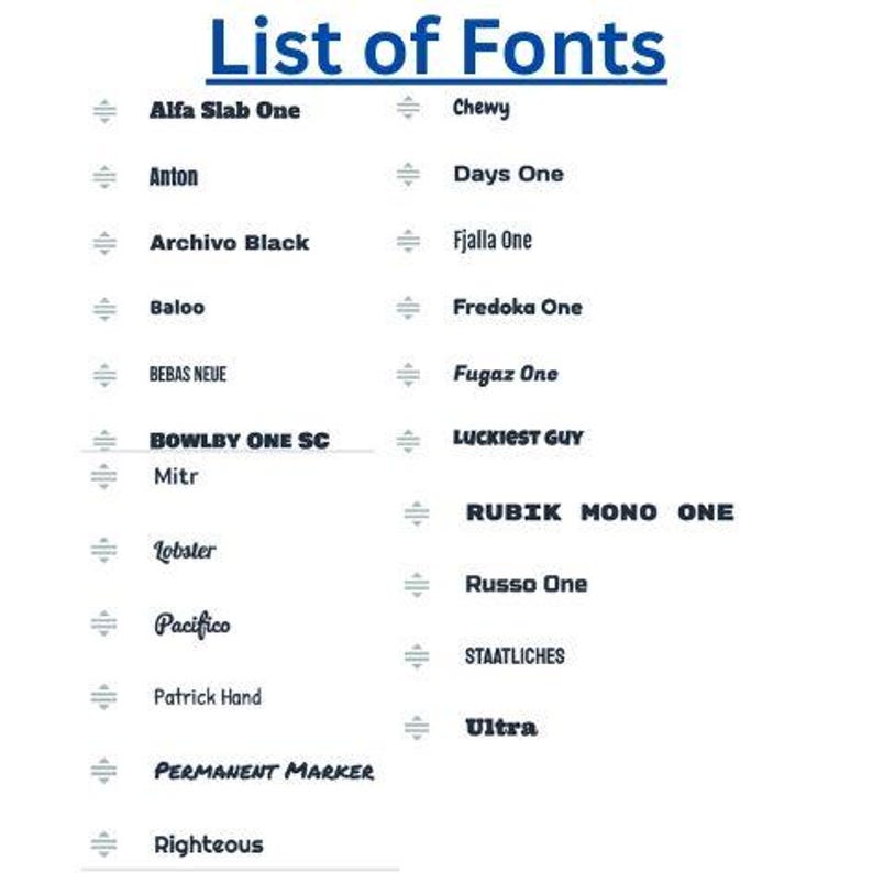 May include: A white background with a blue header reading "List of Fonts." The image presents a list of font names, such as "Alfa Slab One," "Chewy," "Anton," and "Days One," each displayed in its unique font style for visual reference.
