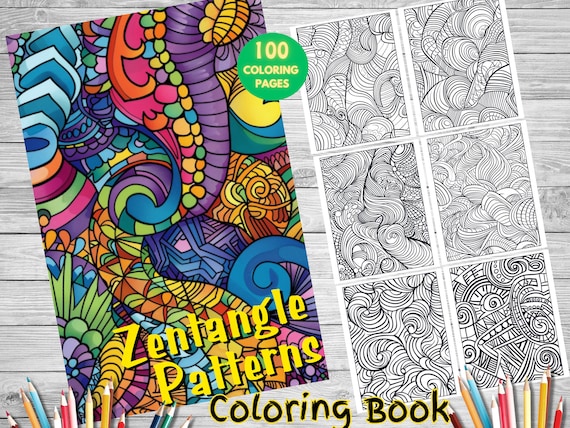 100 Zentangle Patterns Art Coloring Book, Printable Coloring