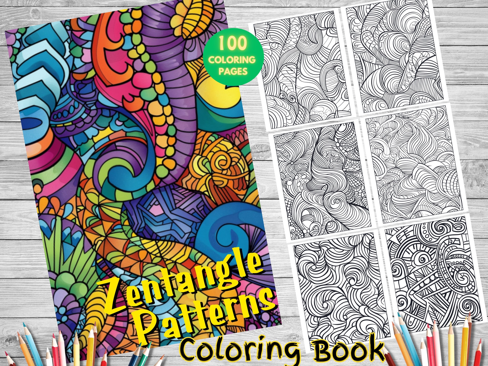 100 Zentangle Patterns Art Coloring Book, Printable Coloring