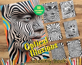 May include: A coloring book with the title "Optical Illusions Coloring Book" and a cover image of a black and white optical illusion of a face. The book includes 50 coloring pages.