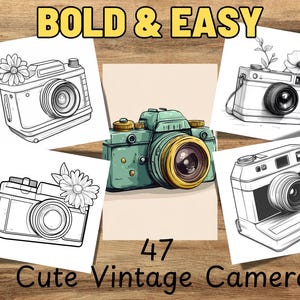 Bold and Easy Coloring Book, Cute Vintage Camera Coloring Pages, Easy-to-Color Printable Pages, Relaxing Activity for Adults and Kids