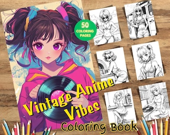 May include: A coloring book featuring a black and white illustration of a young woman with long hair holding a vinyl record. The book cover has the text "Vintage Anime Vibes Coloring Book" and "50 Coloring Pages".