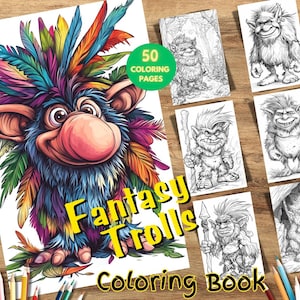 50 Fantasy Trolls Coloring Book for Kids, Whimsical Printable Art, Easy Mythical Creature Pages, Grayscale Coloring Books, Printable PDF