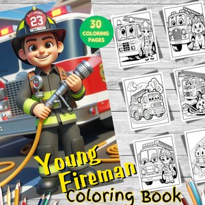 30 Printable Firefighter Coloring Pages for Kids – Grayscale Fire Trucks, Firemen, Rescue Scenes PDF Coloring Book for Boys and Girls