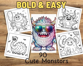 Bold and Easy Coloring Book, Cute Monsters Coloring Pages, Cute Creepy Monster Coloring, Relaxing Activity for Adults