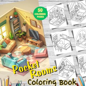 50 Printable Pocket Room Coloring Pages – Cozy Grayscale Isometric Interior Designs for Adults and Kids, Relaxing Digital PDF Book