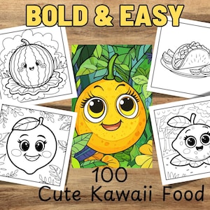 Bold and Easy Coloring Book,  Cute Kawaii Food Coloring Pages,  Cute Food Illustrations, Relaxing Activity for Adults and Kids