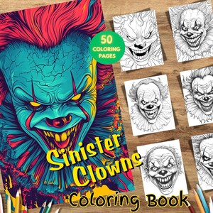 50 Finstere Clowns Malbuch, böse Clowns, PDF zum ausdrucken, Gothic Horror Zirkus Seiten, Graustufen für Erwachsene & Jugendliche