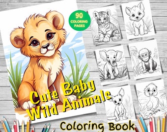 90 Cute Baby Wild Animals Coloring Book, Printable Coloring Pages for Children, Instant Download, Printable PDF