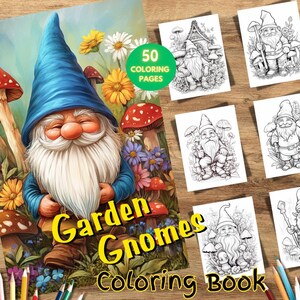 50 Garden Gnomes Coloring Book, Printable Floral Fantasy Designs, Grayscale Art for Relaxation & Stress Relief Coloring Book