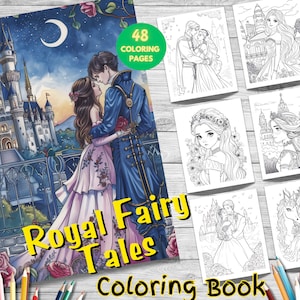 48 Princess Fairy Coloring Book, Grayscale Coloring Page for Adults and Kids, Printable PDF
