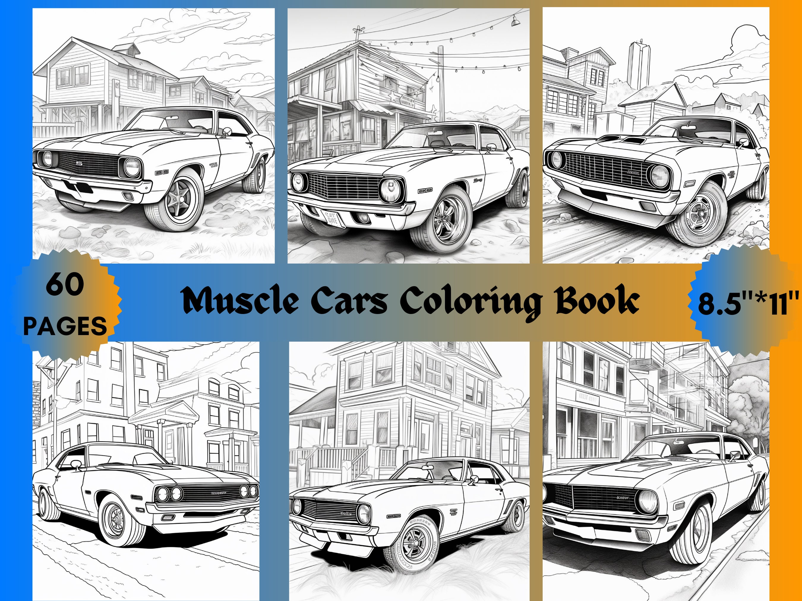 60 Muscle Car Coloring Book, Printable American Muscle Car Coloring Pages, Grayscale Coloring ...