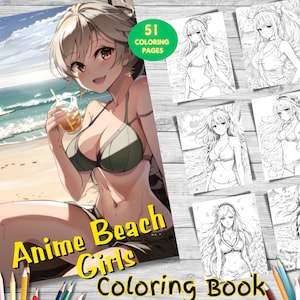 51 Anime Beach Girls Coloring Book, Fantasy Anime Coloring for Adults, Instant Download, Printable PDF