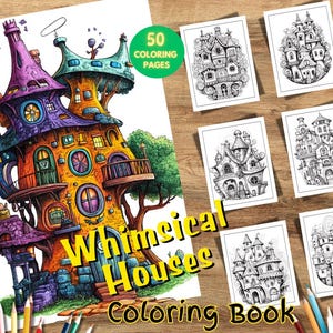 Könnte beinhalten: Ein Malbuch mit fantasievollen Häusern mit filigranen Details. Der Umschlag zeigt ein farbenfrohes, mehrstöckiges Haus mit einem violetten Dach und einem grünen Baum. Der Titel "Whimsical Houses Coloring Book" ist in fetten, gelben Buchstaben geschrieben. Es sind 50 Malvorlagen enthalten.