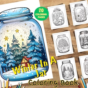 70 Winter im Glas Malbuch, druckbare Winterlandschaft im Glas, Graustufen verschneite Szenen, Malbuch für alle Altersgruppen