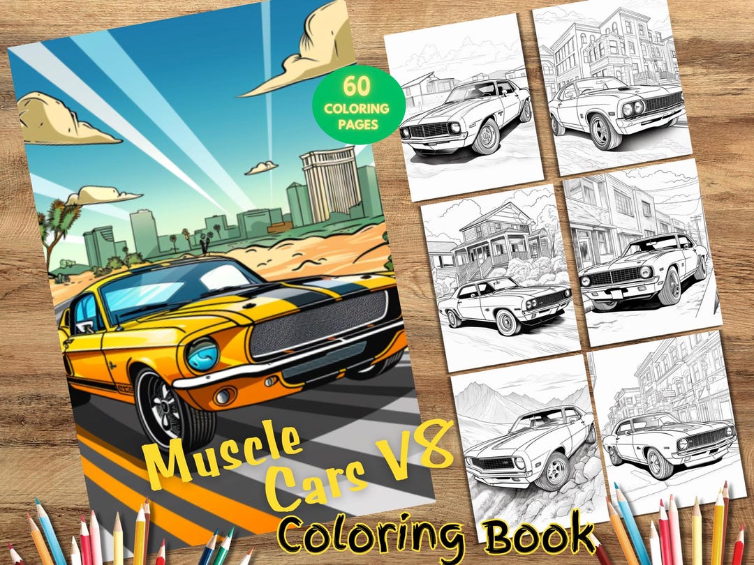 60 Muscle Car Coloring Book, Printable American Muscle Car, Grayscale ...