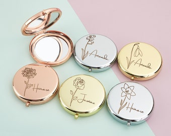 Miroir compact avec nom personnalisé avec fleur de naissance, proposition de demoiselle d'honneur, miroir de poche gravé, cadeau d'anniversaire, cadeau d'enterrement de vie de jeune fille, cadeau de Noël pour elle