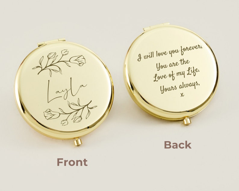 Gravierter ausgefallener Schminkspiegel als Hochzeitsgeschenk, personalisierter Kompaktspiegel als Geschenk für einen Heiratsantrag, individuelles Geschenk für Sie, mit Ihrem eigenen Logo graviert Bild 5