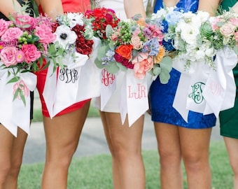 Embroidered Prom Homecoming Wedding Bouquet Ribbon Sash, Monogrammed Satin Prom or Homecoming Bouquet Sash, Embroidered Keepsake Ribbon